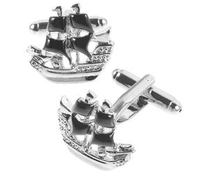 MAGICLULU Gemelos para Traje de Hombre Metálicos Diseño de Barco Pirata Electrochapado, Color Negro, Par de Tachuelas Decorativas para Camisa de Negocios y Eventos Formales