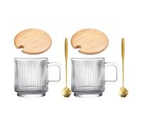 MAGICLULU Juegos de 2 Vasos de Desayuno de Vidrio Transparente con Tapa de Madera, Cucharas y Asa, Taza para Leche y Café Multifuncional para Hogar, Oficina y Cafetería