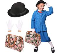 MAGICO COSTUME DA BAMBINAIA EDOARDIANA PER RAGAZZE - COSTUME DA MARIA PERSONAGGIO DELLA SETTIMANA DEL LIBRO - GIACCA BLU + GONNA + BOMBETTA + GUANTI BIANCHI + BORSA IN ECOPELLE - TALLA: X-GRANDE