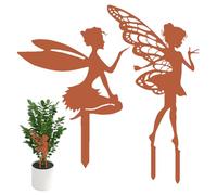 Mágico Juego de 2 Hadas de Jardín en Metal Envejecido - Figuras con Alas para Macetas, Terraza y Balcón - Decoración Rústica en Estilo Óxido - Plantador Resistente a la Intemperie