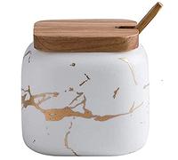 MAGICVOGEL Tarro de especias con aspecto de mármol, de cerámica, 360 ml, para azúcar, especias, con tapa y cuchara, 9 x 8,7 cm, color blanco
