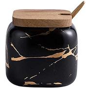 MAGICVOGEL Tarros de cerámica para especias con aspecto de mármol, 360 ml, para azúcar, especias, con tapa y cuchara, 9 x 8,7 cm, color negro