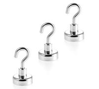 Magnetastico® | 3 piezas imanes con gancho de neodimio N35 25 mm Ø | Fuerza de atracción de 22.0 kilogramos | 3 ganchos magnéticos de neodimio revestida de zinc y muy robusto