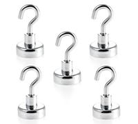 Magnetastico® | 5 piezas imanes con gancho de neodimio N35 25 mm Ø | Fuerza de atracción de 22.0 kilogramos | 5 ganchos magnéticos de neodimio revestida de zinc y muy robusto