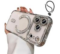 Magnetic Glitter Case for iPhone 17 Pro Max,Clear Bling Rhinestone Sparkly Phone Case with MagSafe Camera Lens Protector, Shockproof TPU Bumper Cover for Women Girls (For iPhone 15Plus,Silver)