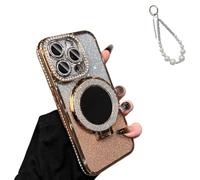 Magnetic Luxury Glitter Case with Makeup Mirror for iPhone 17 16 15, Bling Diamond Rhinestone Case for Women, Built-in Kickstand&Camera Protector, Slim Sparkly Protective Cover (16Promax,Gold PRO)