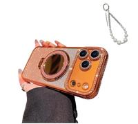 Magnetic Luxury Glitter Case with Makeup Mirror for iPhone 17 16 15, Bling Diamond Rhinestone Case for Women, Built-in Kickstand&Camera Protector, Slim Sparkly Protective Cover (16Promax,Orange PRO)