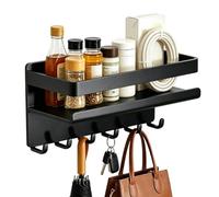 Magnetic Shelf - Wall Mount Magnetic No Drill Shelf With 6 Hooks, Kitchen Counter Organizer, Heavy Duty Magnet Fridge Rack | Space Saving Floating Metal Ledge for Seasoning Condiment Pantry Garage