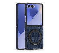 Magnética Funda para Samsung Galaxy Z Flip 8, Carbono Fibra Patrón Cuero | Delgado Antihuellas Carcasa con Rotación Metal Soporte de Anillo Carga Inalámbrica Caso,Cromo,Z Flip 8