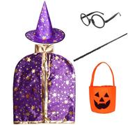 Mago Niños Niña Disfraz Capa Halloween, Bruja Capa Sombrero Calabaza Bolsa Niños Disfraces Juego de rol Accesorios Accesorios Set Cosplay Fiesta (Morada)