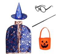 Mago Niños Niña Disfraz Capa Halloween, Bruja Capa Sombrero Calabaza Bolsa Niños Disfraces Juego de rol Accesorios Accesorios Set Cosplay Fiesta (Azul)