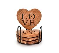Mahasu Juego de Posavasos Escritorio de Hierro y Madera de Acacia con Forma de Corazón con Soporte, Decoración de Protección de Mesa, Juego de 4 (4 x 4 x 0.5 pulgadas)