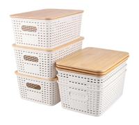 MAHIONG 6 cajas de almacenamiento apilables de plástico con tapas de bambú y asa, cajas apilables con tapa para encimera de cocina, estantes de baño, organización de despensa, 25,6 x 18 x 10,7 cm