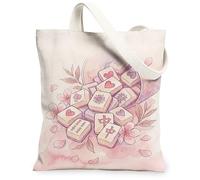 Mahjong - Bolsa de lona para mujer, diseño de flores, corazón, primavera, melocotón, lavable, reutilizable, ideas para compras, viajes, oficina, biblioteca, casual, 13 x 15 pulgadas