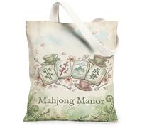 Mahjong - Bolsa de lona para mujer, vasos de té artísticos orientales, flores de cerezo, verde primavera, lavable, reutilizable, tamaño pequeño B, Verde, 13x15 Inch