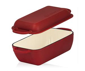 Mahlzeit Cazuela de Hierro Fundido con Tapa Esmaltada | 4,8 litros | Asador 2 en 1 con Sartén | Apta para Horno y para Inducción | Esmaltado Grande de Pato o Ganso