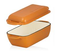 Mahlzeit Cazuela de hierro fundido con tapa esmaltada | 4,8 litros | Sunny Orange | Asador 2 en 1 con sartén | apta para horno, apta para inducción | Asador doble, asador de pato grande, esmaltado
