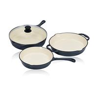 Mahlzeit Juego de Sartenes de Hierro Fundido Esmaltado Blue Berry | 3 Piezas | Ø 24 cm, Ø 29,5 cm, Ø 29 cm | Mora Azul | Sartén Redonda Esmaltada con Tapa | Ollas de Cocina Esmaltadas