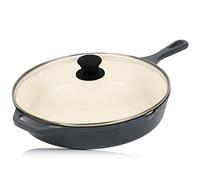 Mahlzeit Sartén Esmaltada Redonda de Hierro Fundido con Tapa | Ø 29,5 cm | Sartén Parrilla con Dos Picos | Sartén para Barbacoa, Cocinas de Gas, Eléctricas, de Inducción, Borde Alto, Sartenes