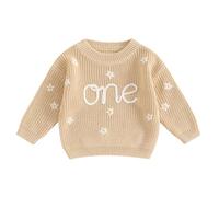 MAHUAOYIXI Suéter de otoño para bebé, suéter de cumpleaños, suéter de primer cumpleaños, suéter de punto acanalado, suéter de punto para bebé, manga larga, diseño de flores, Caqui-a., 9-12 meses