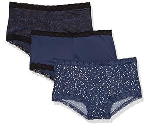 Maidenform Underwear, Microfiber with Lace Boyshort Panties, One Fab Fit, 3-Pack Ropa Interior para Hombre, Encaje Negro/Azul Marino/Estrellas Brillantes, L (Pack de 3) para Mujer