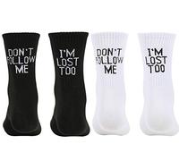 Maijia 4 pares de calcetines de letras divertidas, con texto en inglés "Don't Follow Me I'm Lost Too", calcetines casuales unisex de algodón para mujeres, hombres, niñas y niños, Negro, Taille unique