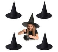 MAIKAOZAI Pack de 4 sombreros clásicos de bruja, negros y puntiagudos, perfectos para disfraces de Halloween, aptos para adultos y niños, ideales para mago, cosplay, fiestas temáticas, celebraciones y