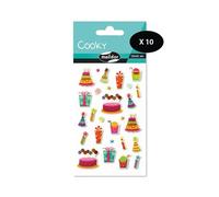 Maildor 560516Cpack - Bolsa de gomas 3D Cooky 1 tabla de 7,5 x 12 cm, cumpleaños (27 pegatinas) - Paquete de 10