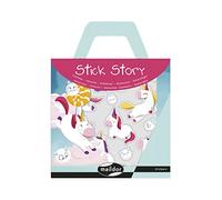 MAILDOR AF027C - Stick Story Unicornios - Kit Creativo - 4 Hojas de pegatinas reposicionables - 2 Grandes decoraciones para personalizar - Kit fácil de transportar en forma de maleta