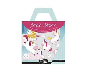 MAILDOR AF027C - Stick Story Unicornios - Kit Creativo - 4 Hojas de pegatinas reposicionables - 2 Grandes decoraciones para personalizar - Kit fácil de transportar en forma de maleta