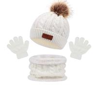 MAILEKT Gorro y Bufanda niño, Conjunto gorro y bufanda niña, 3en1Juego de Gorro, Bufanda y Guantes de Invierno 2-6 Años, Blanco