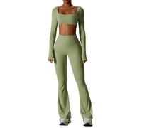 MAILEP Yoga Clothes Women's 2Pcs Gym Yoga Suit Tight Fitting Sports Set Workout Breathable T Shirts Bra Tank Top Loose Bell-Bottoms- Green Suit-S