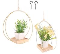 Mailfull 2 Piezas Maceteros Colgantes Oro Colgadores de Macramé para Plantas con Base de Madera y Gancho para Colgar para Interior y Exterior Decoración del Hogar