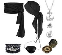 Mailfull 8 Piezas Disfraz Pirata para Mujer y Hombre Incluye Cinturón Bufanda Máscara Pendientes Brújula Collar Pulsera y Anillo para Carnaval Cosplay Cumpleaños Fiestas Halloween (Negro)