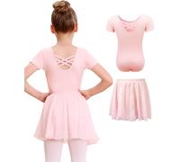 Maillot Ballet Niña Leotardo de Ballet de Manga Corta de Algodón Maillot Gimnasia Ritmica Niña con Falda Removible para 3-11 años（Rosa，130）