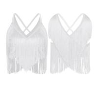 Maillot con Borlas para Baile Latino Traje de competición Baile Latino cha-chachá for Mujer, Cuello en V, sin Mangas, Entrecruzado la Espalda, Top Corto con Flecos, Salsa Rumba Samba(White,XL)