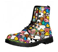 Maimeili Botas cortas impresas de las mujeres con encaje de tacón grueso botas de combate de tobillo para niñas zapatos de otoño e invierno rosa cráneo mariposa flores patrón de dibujos animados