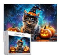 Maine Coon - Rompecabezas desafiante de 1000 piezas con diseño de gatito y sombrero de mago y estrellas, para adultos, principiantes, calabazas brillantes, cielo nocturno, desafiante, 27 x 20 pulgadas