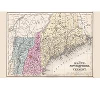 Maine New Hampshire y Vermont 1867 - Mapa laminado de estilo antiguo, mapa del mundo con ciudades en detalle, pósteres para mapa de pared, arte de ilustración geográfica, póster de borrado en seco