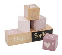 Mainely Personalizable Juego de Bloques de hitos Rosa - Cubos de Madera con números y Motivos - para recién Nacidos y bebés - Personalizado con Nombre - Label Label