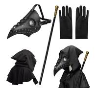 MAINOSHY Juego de 4 accesorios de Halloween, máscara de médico de la peste, máscara de pico de nariz larga con capa negra con capucha, guantes negros, cetro de rey para cosplay de Halloween
