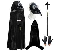 MAINOSHY Máscara de Halloween para médicos de la peste, nariz larga, pico de pájaro, con capa negra con capucha, guantes negros, cetro de rey para fiesta de Halloween