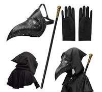 MAINOSHY Máscara de médico de la peste de Halloween, máscara de pico de pájaro de nariz larga, máscara de pájaro retro de cuero con capucha, cetro y guantes negros, accesorios de disfraz de Halloween