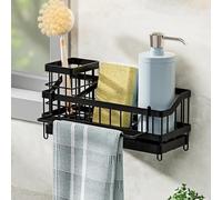 MainPi Organizador de Fregadero, Soporte Esponja con Toallero de Bandeja Drenaje, Escurridor de Cocina, Porta Esponjas para Colgar o Encimera (Negro)