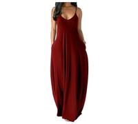 MAINPICK Vestido largo de verano para mujer, con tirantes delgados, con bolsillos, talla grande, holgado, liso, vestido largo de verano, rojo vino, L