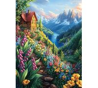 Maison Dans le paysage de Fleurs de montagne Puzzle 1000 Piezas Cartón Grueso para Principiantes Animal Planta Ejercicio Mental Relajante Ocio Creativo Casa Regalo Creativo 1000 PCS