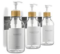 MaisoNovo Dispensador de champú y acondicionador - Dispensador de jabón de Ducha de Pared - Juego de 3 - Botellas de plástico Transparente de 500 ml Bomba de bambú Blanca - Dispensador de champú