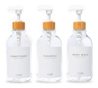 MAISONOVO Dispensador de jabón de Vidrio Juego de dispensador de loción y jabón para Manos Etiquetas Impermeables | Botellas Transparentes - Doradas, Juego de 2