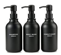 MaisoNovo Juego de 3 dispensadores de champú y acondicionador de plástico de 16 onzas con bomba de acero inoxidable, dispensador de jabón negro para baño, botellas recargables de champú y