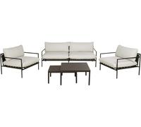 Maisons du Monde Conjunto de sofá de exterior de 3 plazas, 2 sillones y mesas bajas de acero, resina negra y cojines de poliéster reciclado crudo